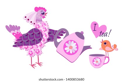 Funny hen pours tea from a teapot into a cup for little chicken, heart and text "I love tea!". Pretty card design.