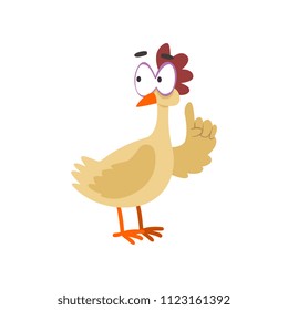 Funny hen with raised index finger, comic cartoon chicken bird character with big eyes vector Illustration on a white background