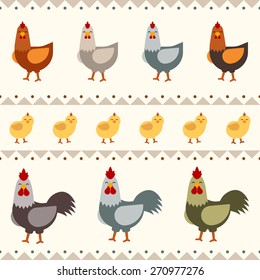 Funny hen, rooster and chicken flat vector illustration. Seamless pattern. Hens and chickens vector design for banners and printing on the packaging, label. Happy hens flat stock vector illustration