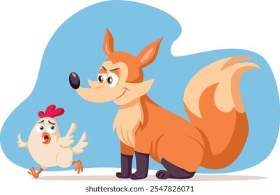 
Lustige Henne läuft weg von der Fox Vector Cartoon. Stressgefühltes Huhn, das Angst davor hat, das Gebet zu werden, versucht zu entkommen 
