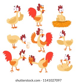 Funny hen set, comic cartoon bird characters in different poses and emotions vector Illustrations on a white background.