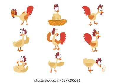 Funny hen set, comic cartoon bird characters in different poses and emotions vector Illustrations on a white background.