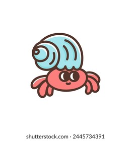 Divertido cangrejo ermitaño en linda concha. Criatura marina con ojos graciosos. Animal de crustáceos de Ilustración vectorial de colores. Personaje sonriente сcaricatura aislado sobre fondo blanco