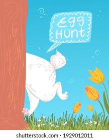 Funny hiding easter bunny greeting card illustration with tree, grass and tulips