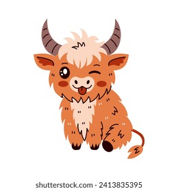 Funny Highland Cattle Kuh. Kuscheltiere mit sitzenden Hörnern, Winden und Showzunge. Schottische Rasse. Vektorgrafik