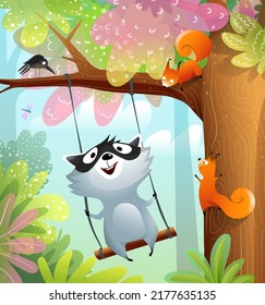 Funny hilarious raccoon swinging on the tree branch and squirrels laughing and looking. Adorable naughty animals playing together, illustration for kids. Vector illustration for children.