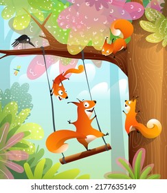 Las divertidas ardillas divertidas juegan y ríen en el bosque, balanceándose en la rama del árbol. Feliz ilustración de ardillas traviesas para los niños, sonriendo y saltando. Ilustración vectorial para niños.