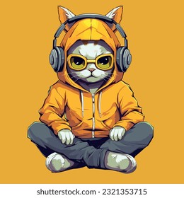 Funny Hip Hop Wildlife Cat Illustration, Cartoon Stylish Isolated Clip Art, Digital Vector Artwork