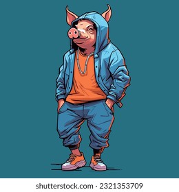 Funny Hip Hop Wildlife Pig Illustration, Cartoon Stylish Isolated Clip Art, Digital Vector Artwork