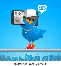 funny hip-hop style blue bird tweets in the ghetto with a phone gadget