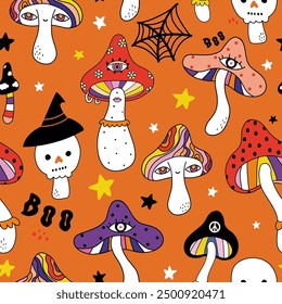 Funny hippie mushroom seamless pattern. Groovy halloween retro style background, texture.Creative mushrooms vector illustration