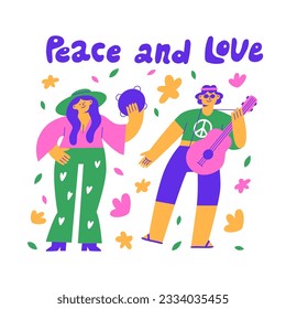 Funny hippie musicians play instruments. A woman with a tambourine and a male guitarist. Retro illustration of the 1970s