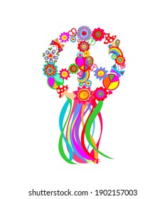 Funny hippie peace symbol with flower-power, fly agaric, paisley, butterflies, rainbow and colorful ribbons for t-shirt, bag design, fashion print