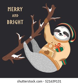 Funny hippie sloth on the tree. Cute baby sloth dressed up in winter style. Adorable Christmas animal illustration. Merry and bright design. Vector winter forest 