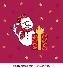 Funny hippie snowman with present. Vector illustration for postcard design and print