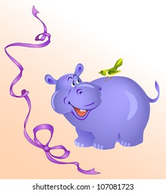 Funny hippo in a baby image.On his back sat a little bird.The purple ribbon on a background.