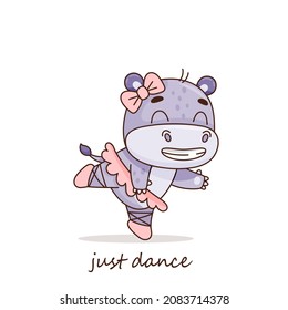 Funny hippo ballerina in a pink ballet tutu. Dance. Dancing hippopotamus. Postcard in cartoon kawaii style. Vector for design, banners, children's books and patterns. Vector illustration