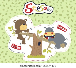 funny hippo and bear playing seesaw on leaves background, vector cartoon illustration