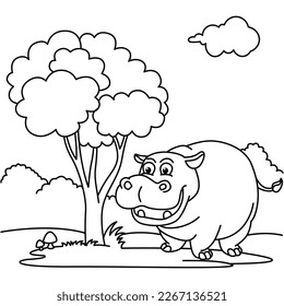 Funny hippo cartoon vector coloring page