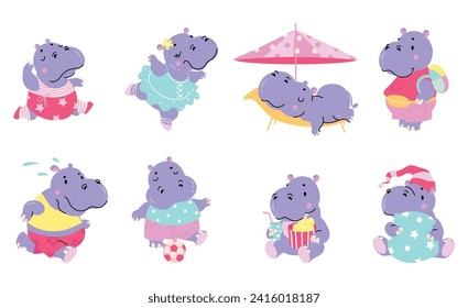 Funny hippo. Children hippos mascots, animals ballet dancing, play soccer, eating and go to sleep. Cute animal characters for stickers, nowaday vector set