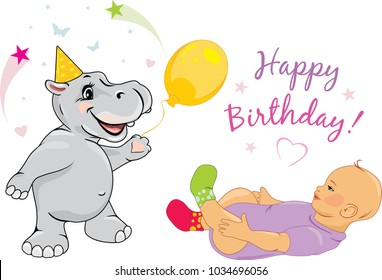 Funny hippo congratulates the baby on his birthday. Vector