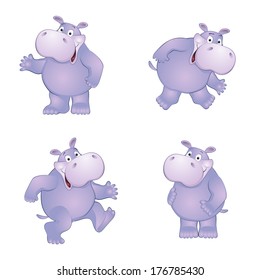 Funny Hippo in different poses. vector illustration