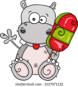 Funny hippo eating ice cream on a stick
