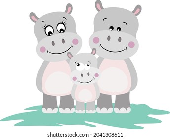 Funny hippo family with mum, dad and baby
