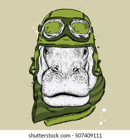 Funny hippo in a hat and scarf. Vector illustration for a card or poster. Print on clothes. Pilot.