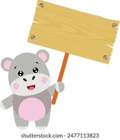 Funny hippo holding a wooden sign