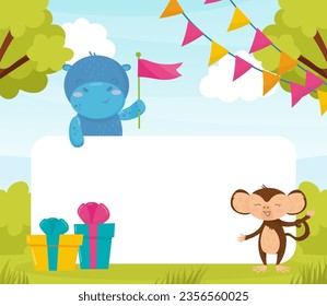 Funny Hippo and Monkey at Empty Greeting or Invitation Card Vector Template