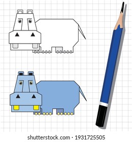 Funny hippo on a checkered sheet coloring pages for kids 