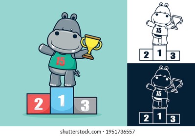 Funny hippo on podium holding trophy. Vector cartoon illustration in flat icon style