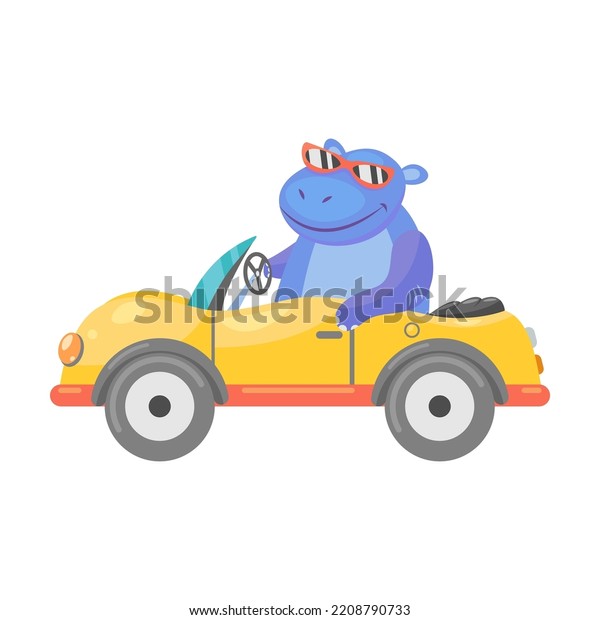 Funny hippo on\
transport flat mascot for web design. Cartoon cute driver character\
on boat, car, and bike isolated vector illustration. Animals and\
transportation concept