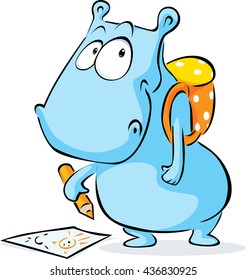 funny hippo with school bag and crayon drawing - vector illustration