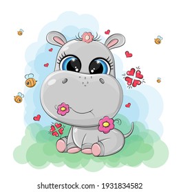 A funny hippo is sitting in a blooming meadow with grass and flowers, bees are flying around the animal. Vector image of an animal is made in a cartoon style.
