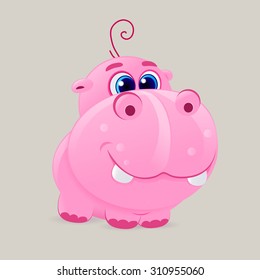 funny hippo vector icon, cartoon flat icon for baby illustration, mascot, african animal, pink hippo cub hippopotamus, hippo, sea cow, river-horse