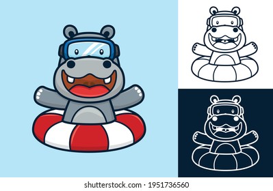 Funny hippo wearing diving goggles on lifebuoy. Vector cartoon illustration in flat icon style