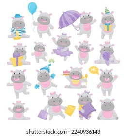 Funny Hippopotamus with Friendly Snout Enjoying Various Action Big Vector Set