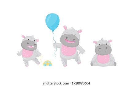 Funny Hippopotamus Pulling Toy Car and Holding Balloon Vector Set