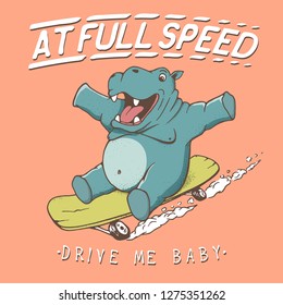 Funny hippopotamus rides on skateboard at full speed. Oldschool style.Prints design for t-shirts