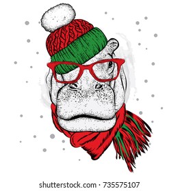 Funny hippopotamus in a winter hat and scarf. Vector illustration for a postcard, poster, print for clothes or accessories. New Year's and Christmas.