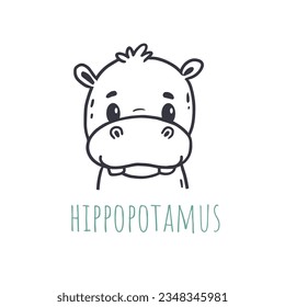 funny hippopotamusin cartoon style. Flat animal. Doodle illustration of hippo head for cards, magazins, banners. Vector