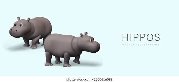 Funny hippos in realistic style. Vector group of characters on colored background