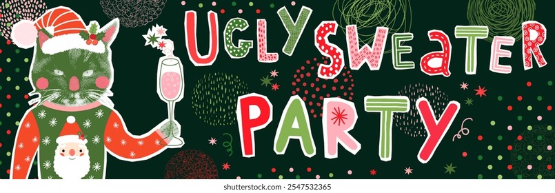 Funny Hipster Black Cat Ugly Sweater Party Horizontal Vector Banner Collage, Fun Halftone Illustration in Red, Green and Pink Colors