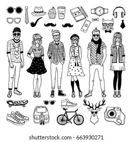 Funny hipster characters with funky fashioned elements isolate on white. Vector hand drawn illustrations