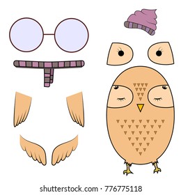 Funny hipster constructor. Cartoon owl and hipster elements.