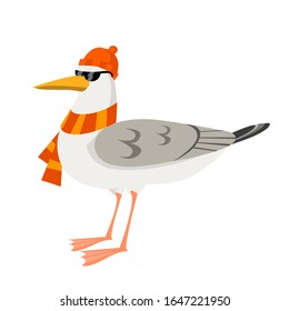 Funny hipster gull with sunglasses. Character in flat cartoon style.