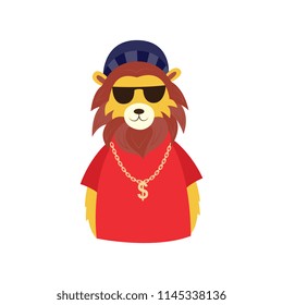 Funny hipster lion character in sunglasses, cap and big golden chain with dollar. Hip hop style animal character concept. Vector isolated illustration.