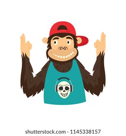 Funny hipster monkey character in cap and sleeveless tshirt holding hands like a gun. Hip hop style ape animal character concept. Vector isolated illustration.